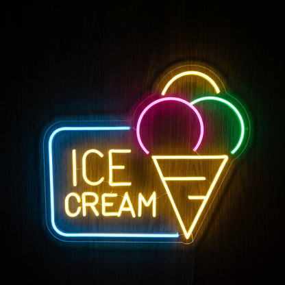 Ice Cream Shop LED neon sign featuring colorful ice cream scoops, cone design and Ice Cream lettering on clear acrylic.