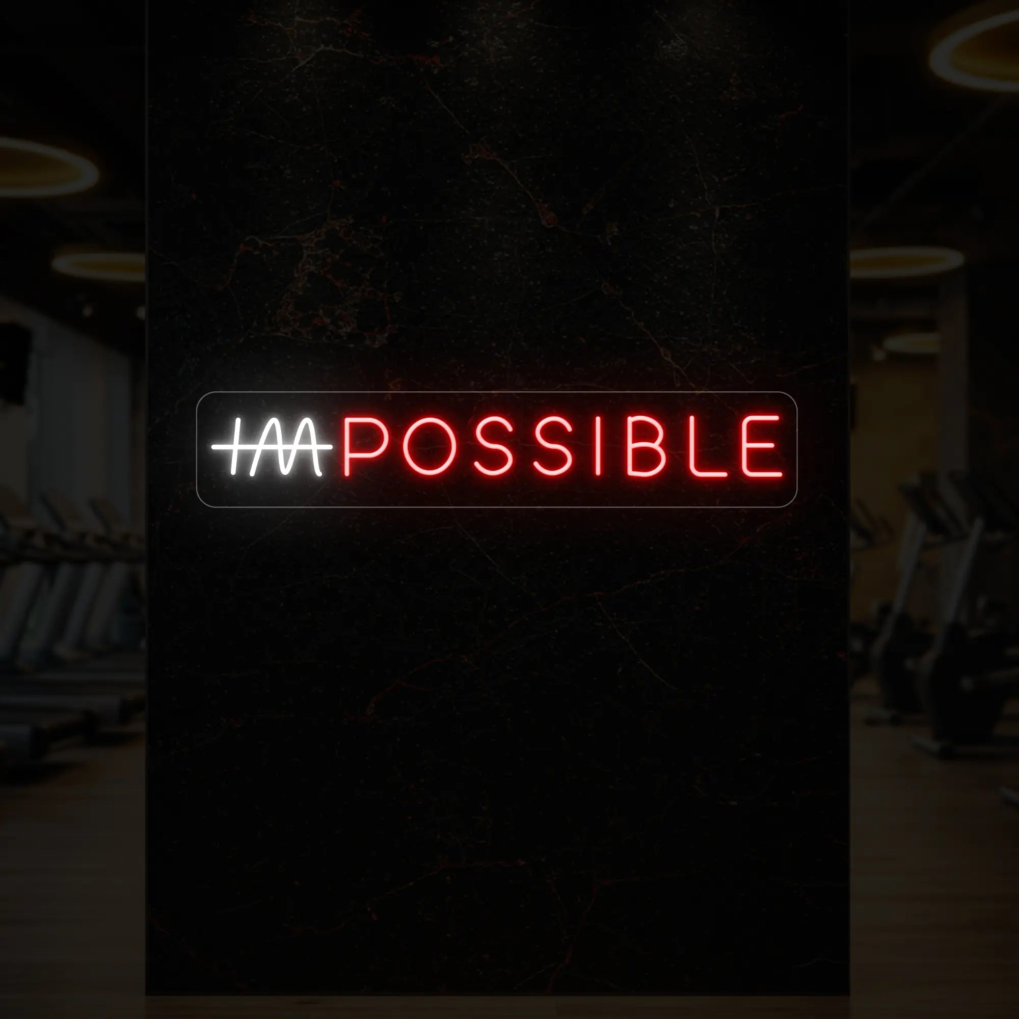 'IMPOSSIBLE' neon sign with the “IM” crossed out, glowing in red and cool white against a styled interior wall.