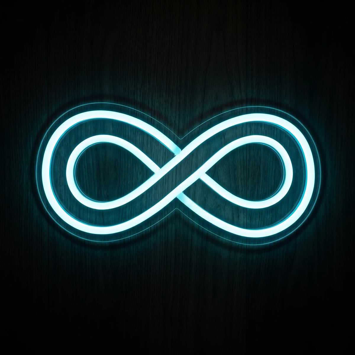 Infinity Symbol LED Neon Sign featuring a glowing cool white infinity design on clear acrylic backing.