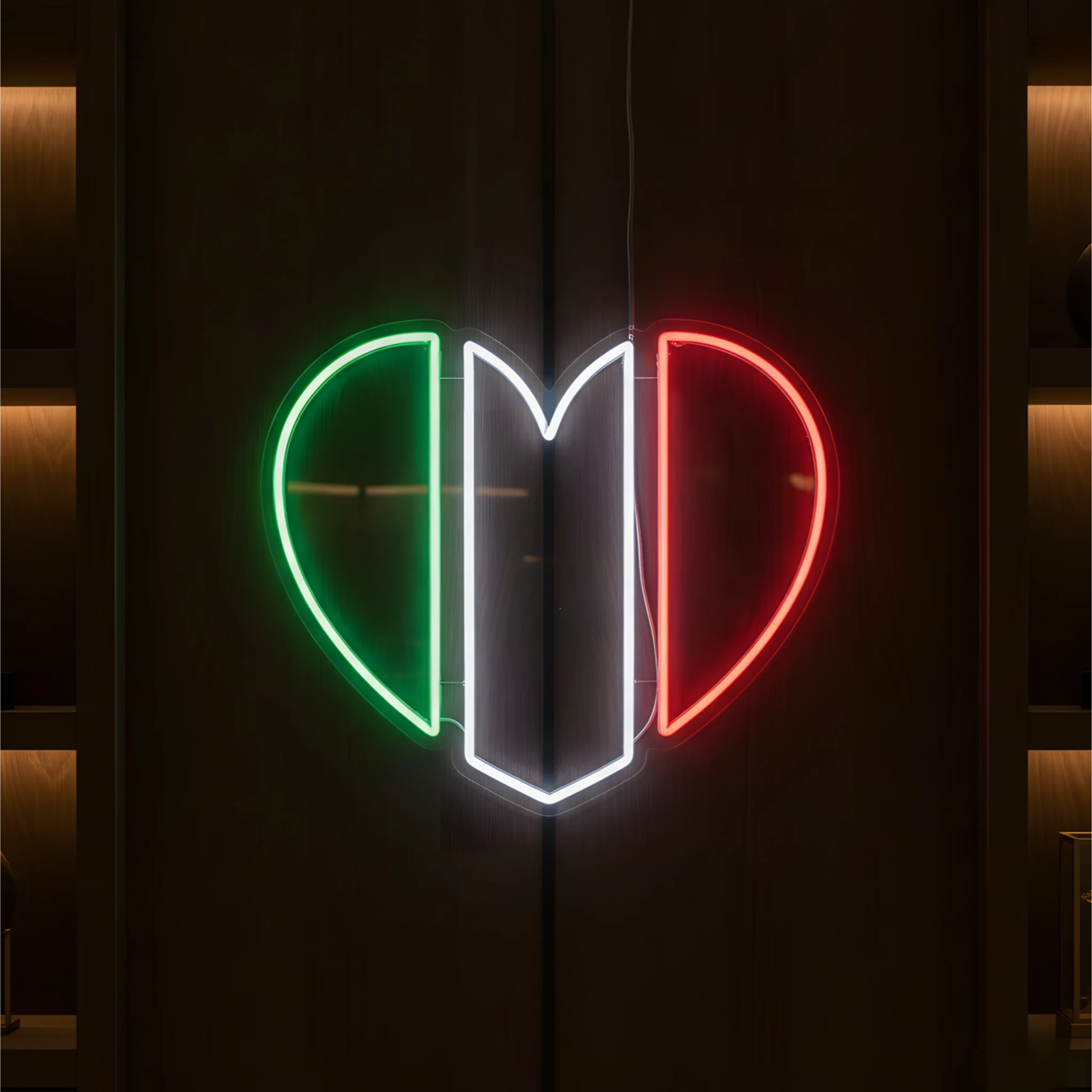 Italy heart flag LED neon sign featuring green white and red illuminated tricolor design