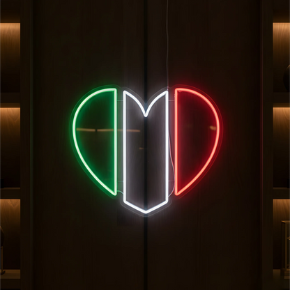 Italy heart flag LED neon sign featuring green white and red illuminated tricolor design