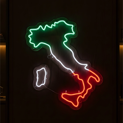 Italy map LED neon sign featuring green white and red illuminated country outline