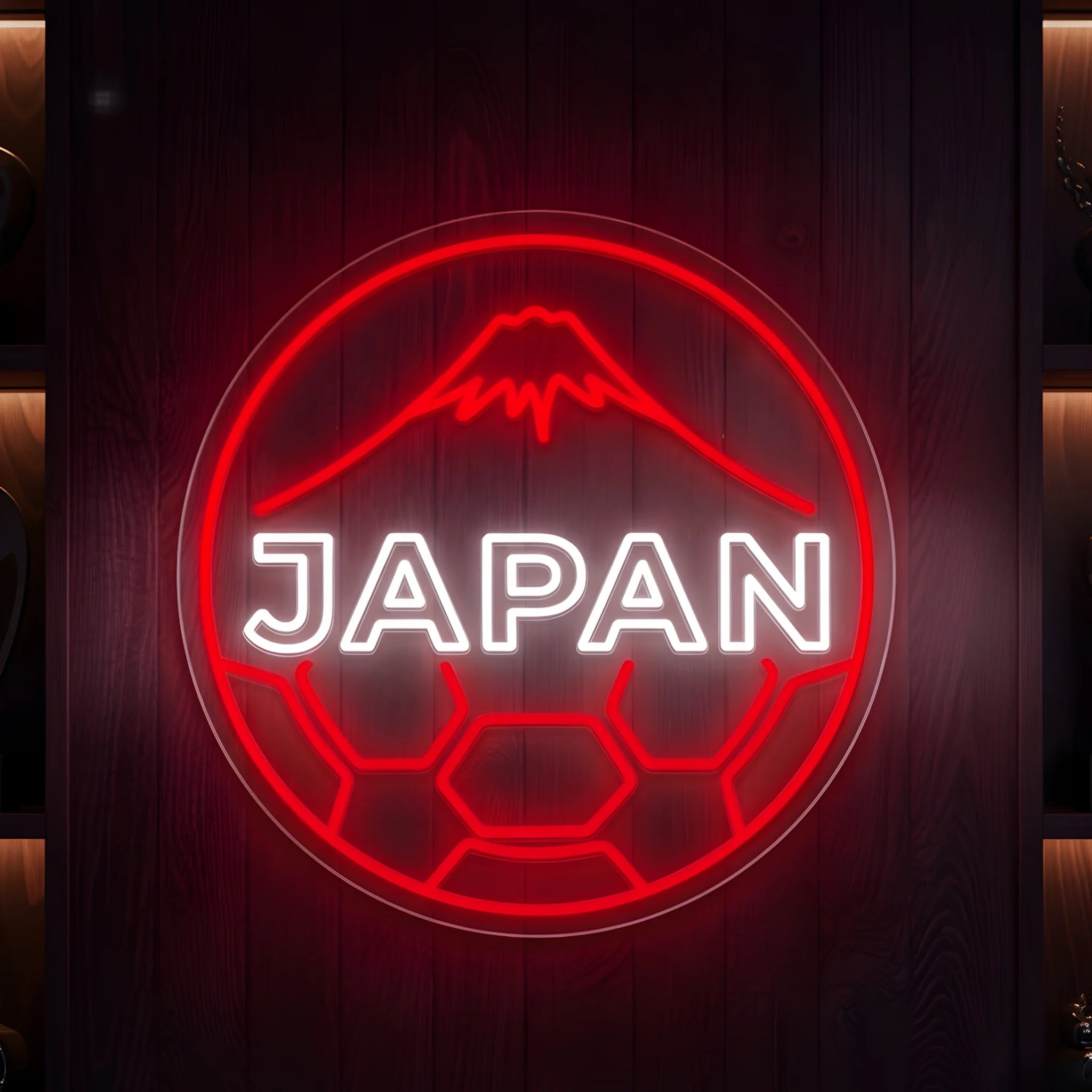 Japan mountain football LED neon sign featuring red circular design and mountain silhouette
