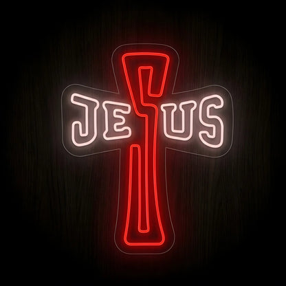 Jesus Cross LED neon sign featuring the name Jesus integrated into a glowing red cross with warm white lettering on a clear acrylic backing for Christian wall decor.