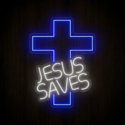 Jesus Saves Cross LED neon sign featuring a blue illuminated cross with bright white Jesus Saves lettering on a precision-cut clear acrylic backing.