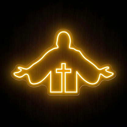 Jesus with Cross LED neon sign featuring warm golden illumination on precision-cut acrylic backing, Christian wall decor with Jesus extending His arms above a cross.