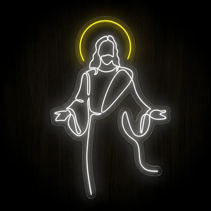 Jesus with Open Arms LED neon sign featuring a glowing white outline of Christ with a golden halo on a clear acrylic backing for Christian wall decor.