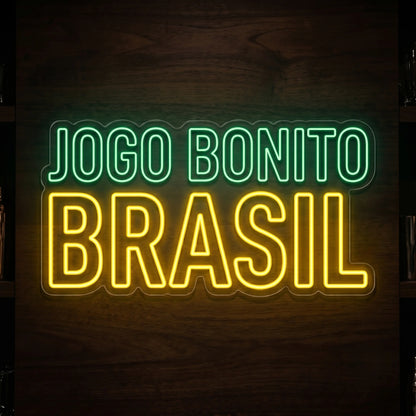 Jogo Bonito Brazil LED neon sign with green and yellow illuminated lettering