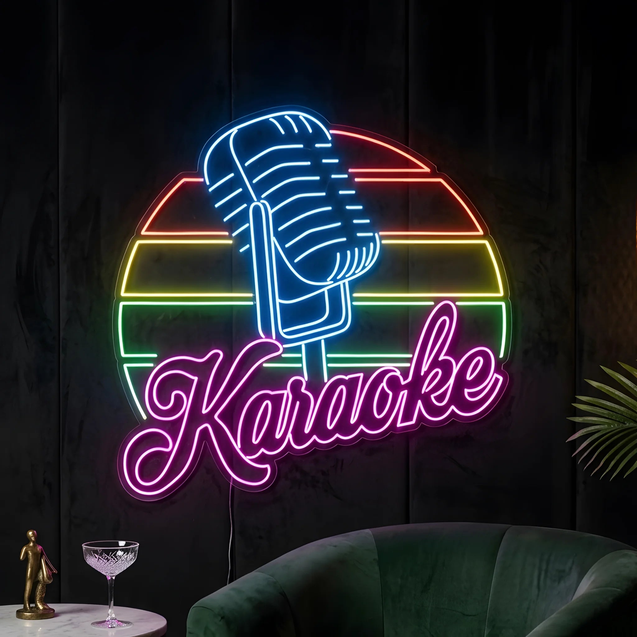 Photo of the 'Karaoke' neon sign glowing in multi-color against a styled interior wall.