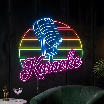 Photo of the 'Karaoke' neon sign glowing in multi-color against a styled interior wall.