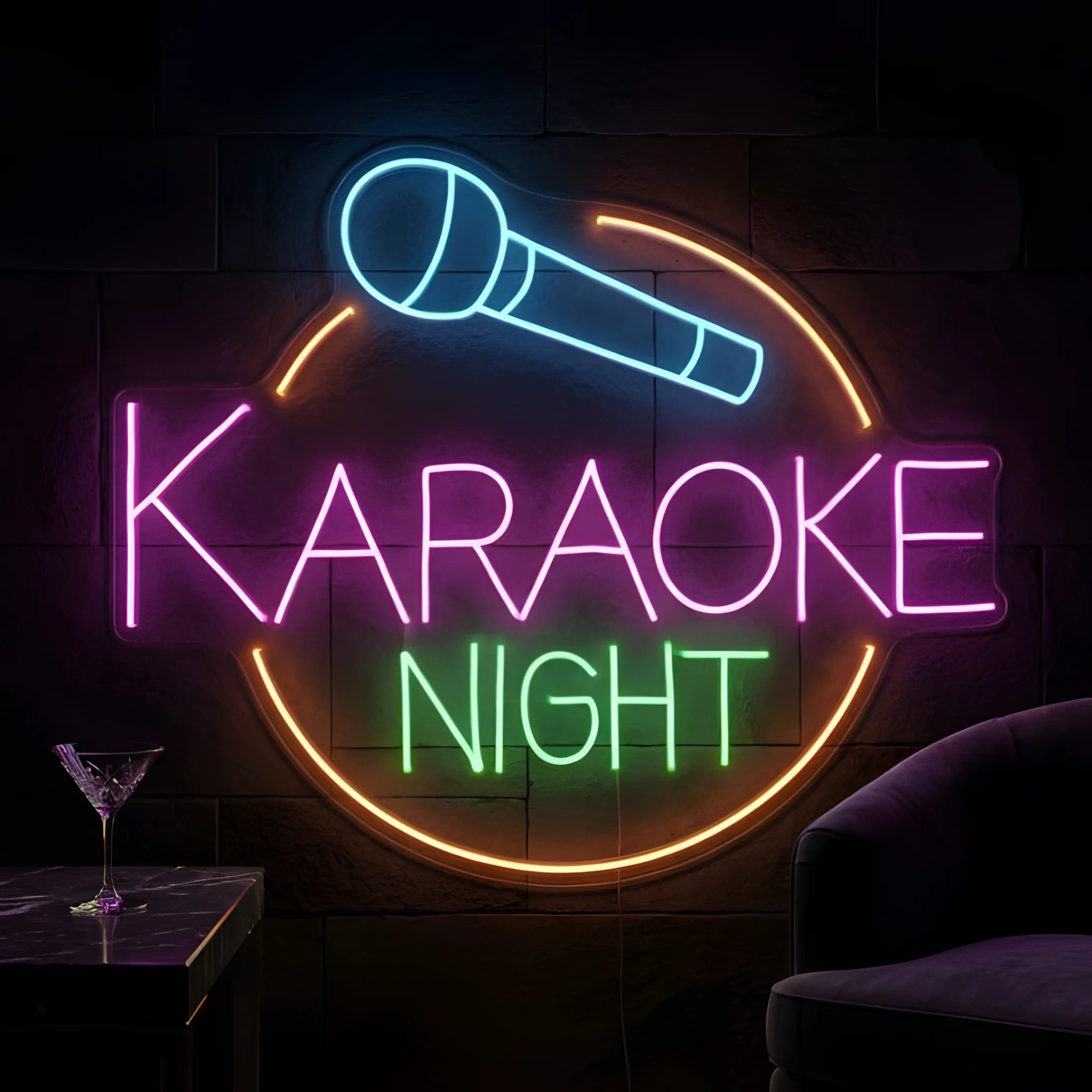 Photo of the 'Karaoke Night' neon sign glowing in multi-color against a styled interior wall.