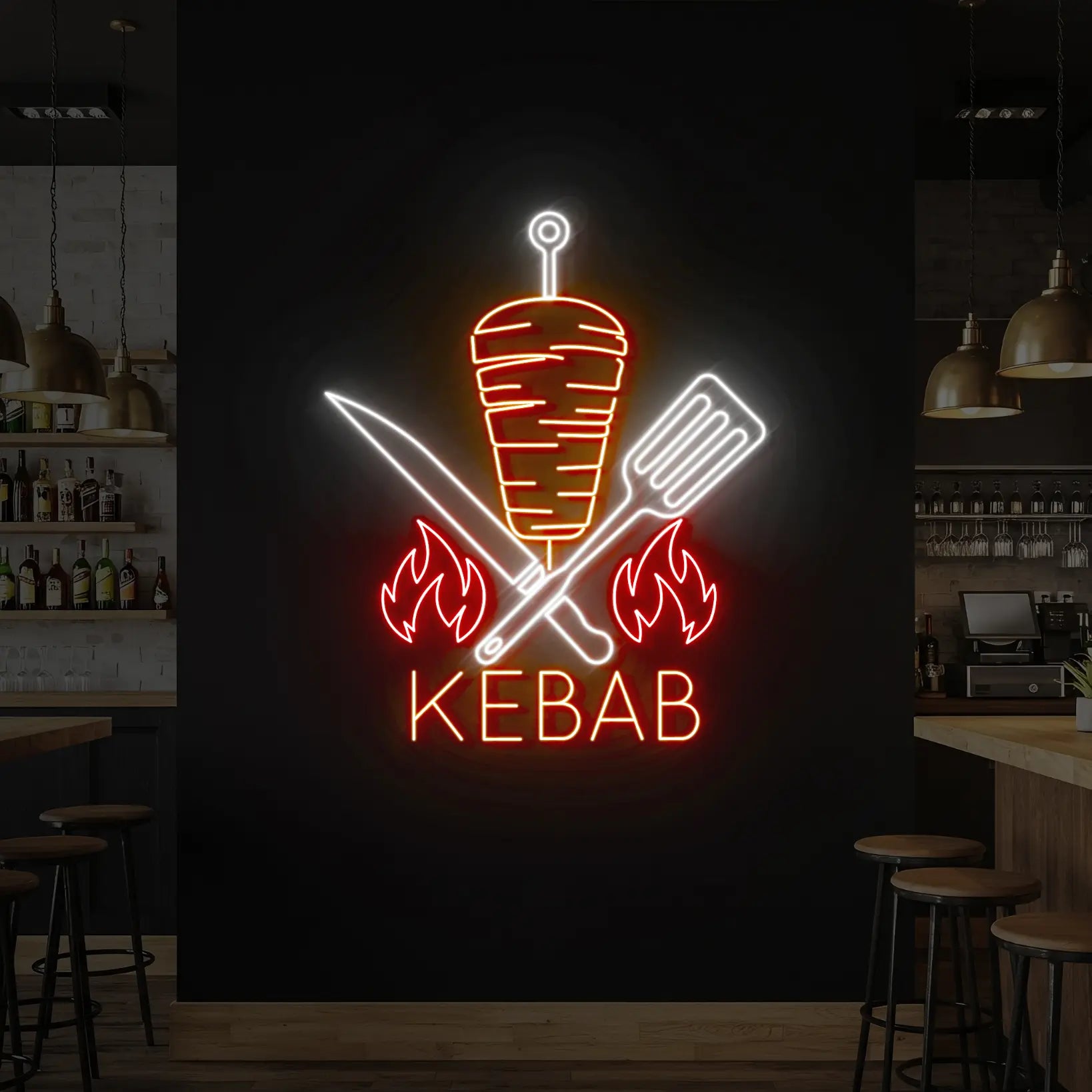 Photo of the 'Kebab' neon sign glowing in cool white, red and orange against a styled interior wall.
