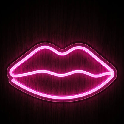 Kiss Lips Outline LED Neon Sign featuring a bright pink illuminated lips outline on clear acrylic backing.