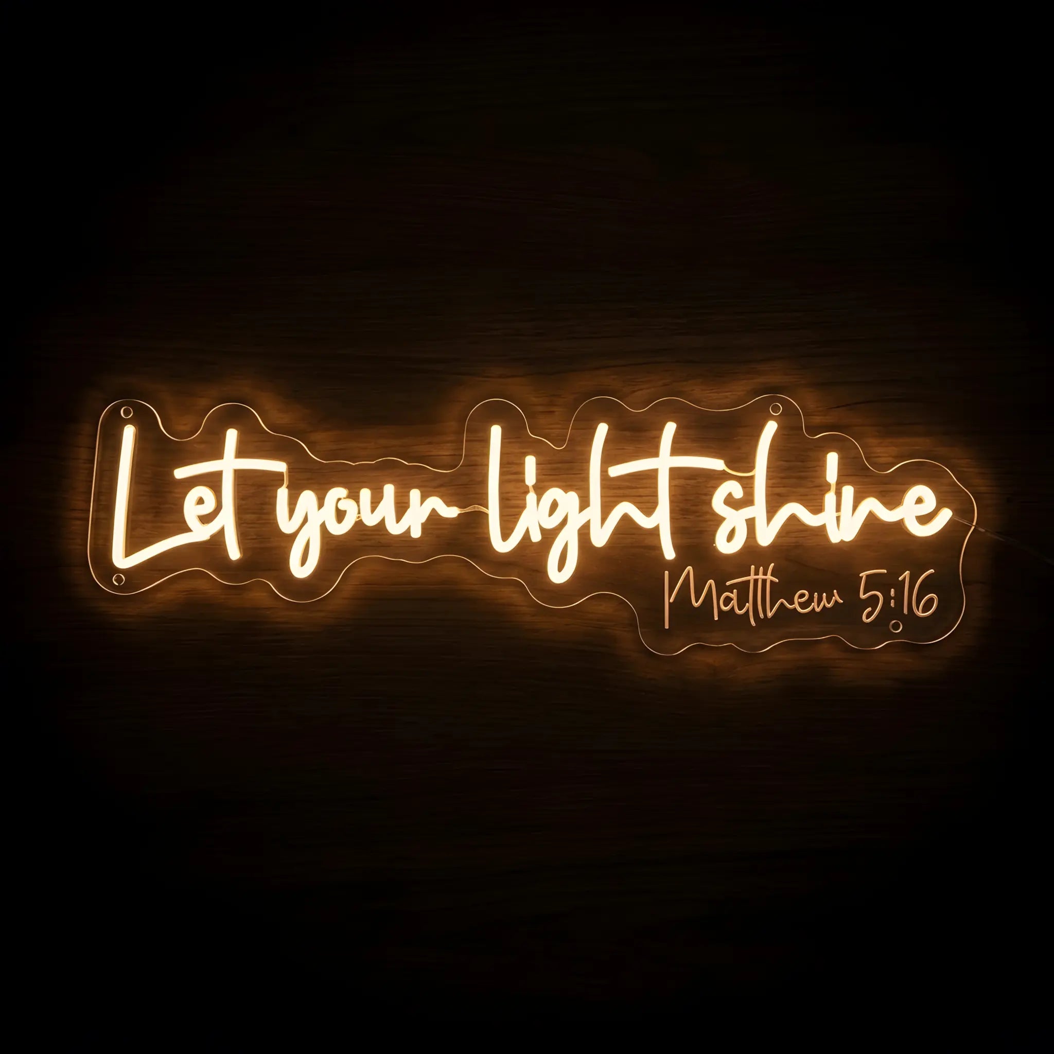 Let Your Light Shine Matthew 5:16 LED neon sign with warm golden illumination on precision-cut acrylic backing, Christian wall decor featuring the Bible verse Matthew 5:16.