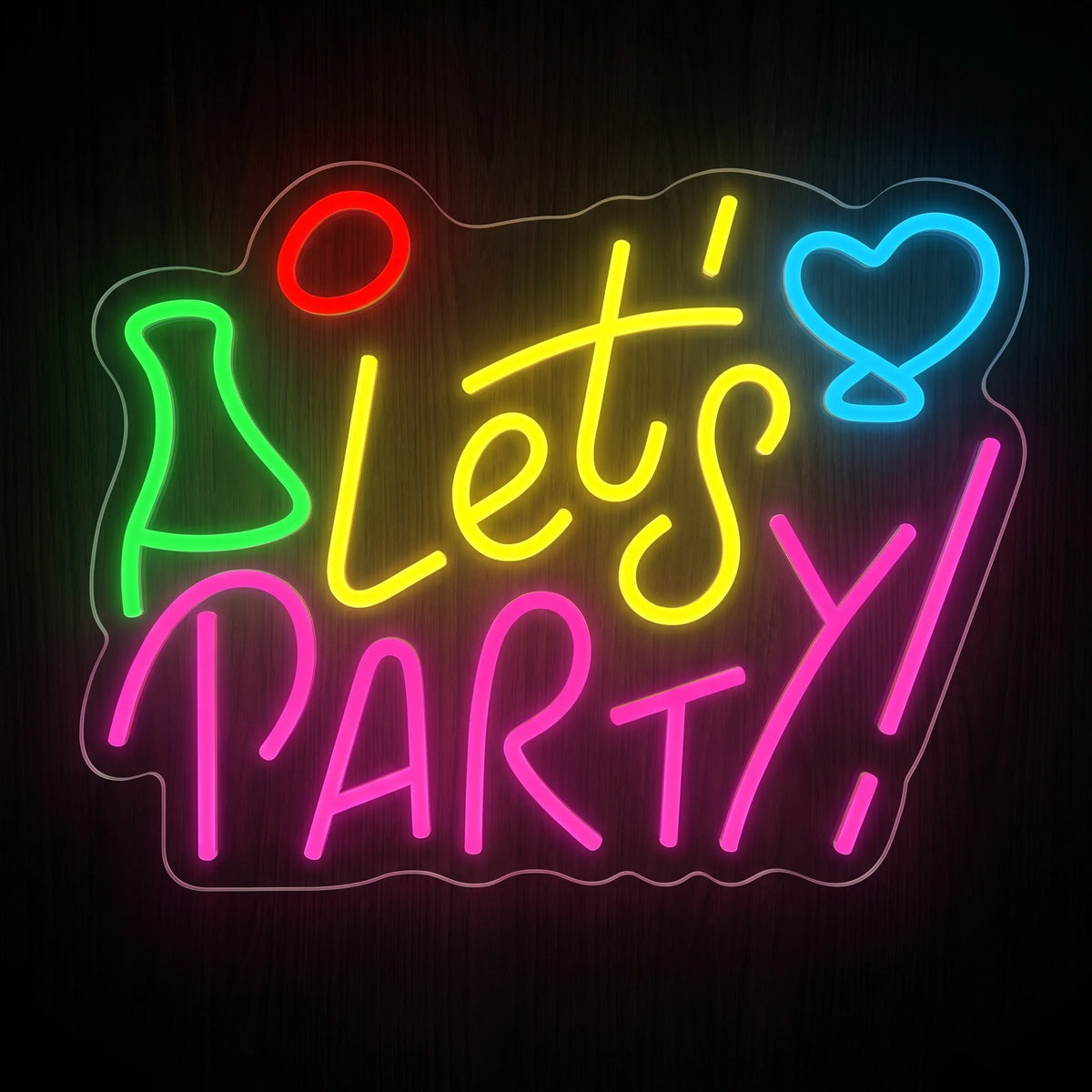 Let's Party LED neon sign with yellow and pink lettering and colorful neon accents on acrylic backing.
