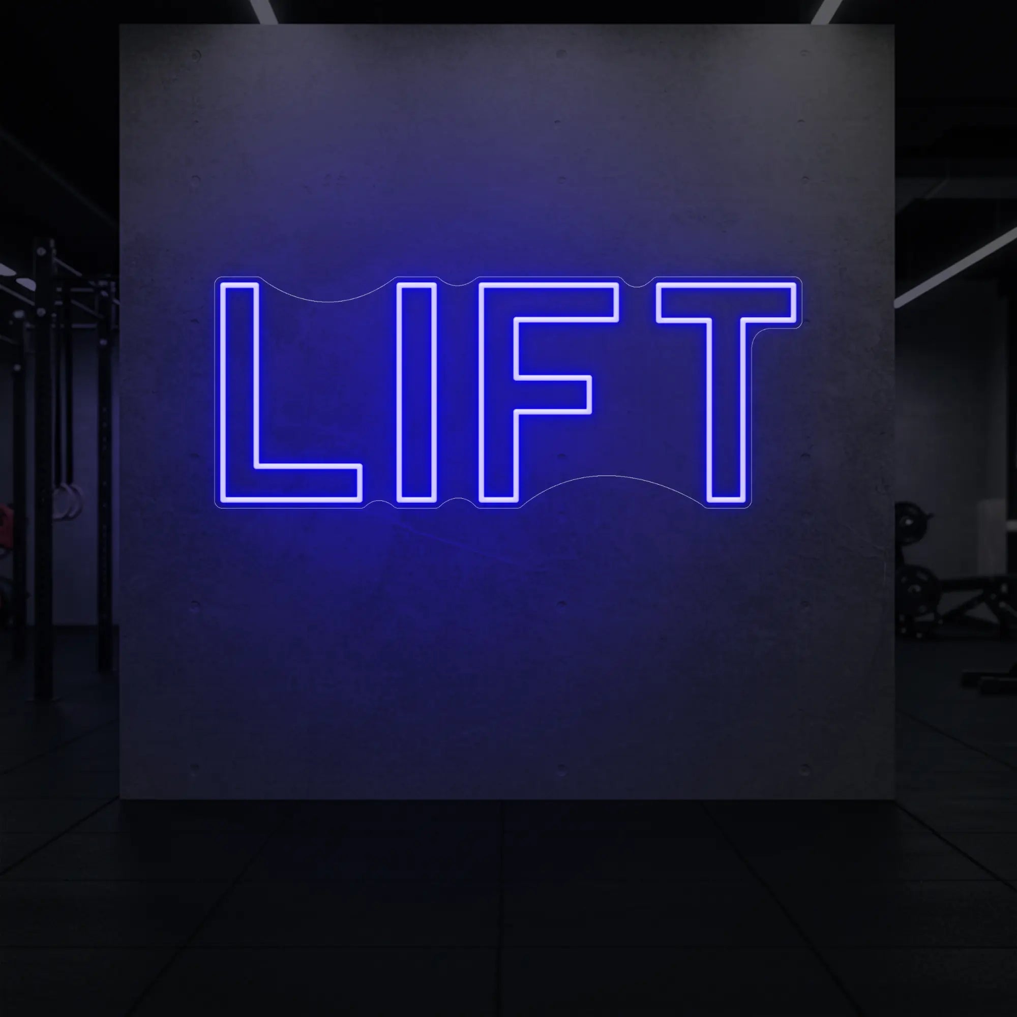 'LIFT' neon sign glowing in deep blue against a styled interior wall.