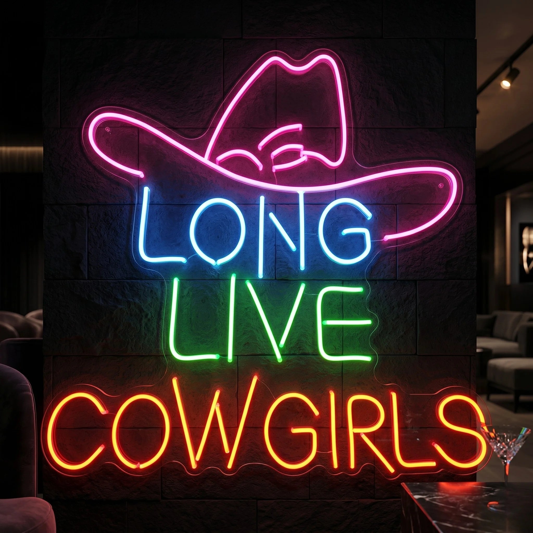 Photo of the 'Long Live Cowgirls' neon sign glowing in multi-color against a styled interior wall.