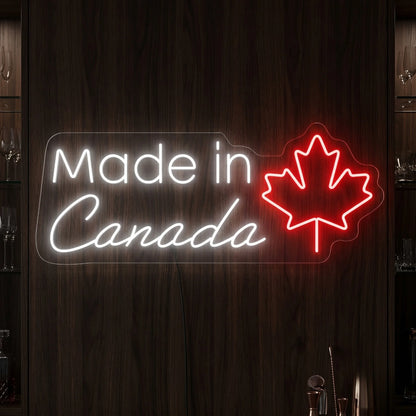 Made In Canada maple leaf LED neon sign in cool white and red mounted on clear acrylic backing