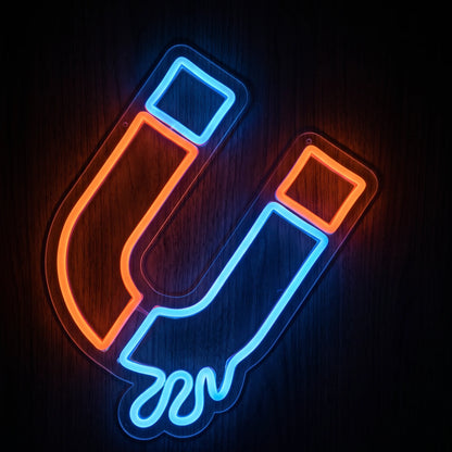 Magnet LED Neon Sign featuring a horseshoe magnet outline in vibrant orange and blue LED neon on clear acrylic backing.
