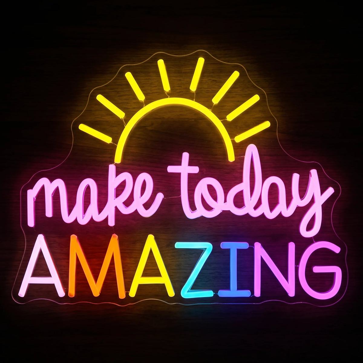 Make Today Amazing LED neon sign with colorful motivational wording and yellow rising sun on clear acrylic backing.