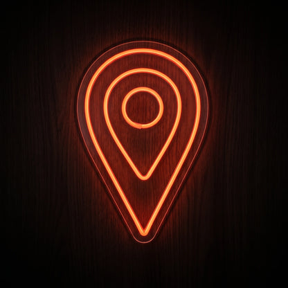 Map Pin LED Neon Sign featuring an orange-red location marker outline illuminated on clear acrylic backing.