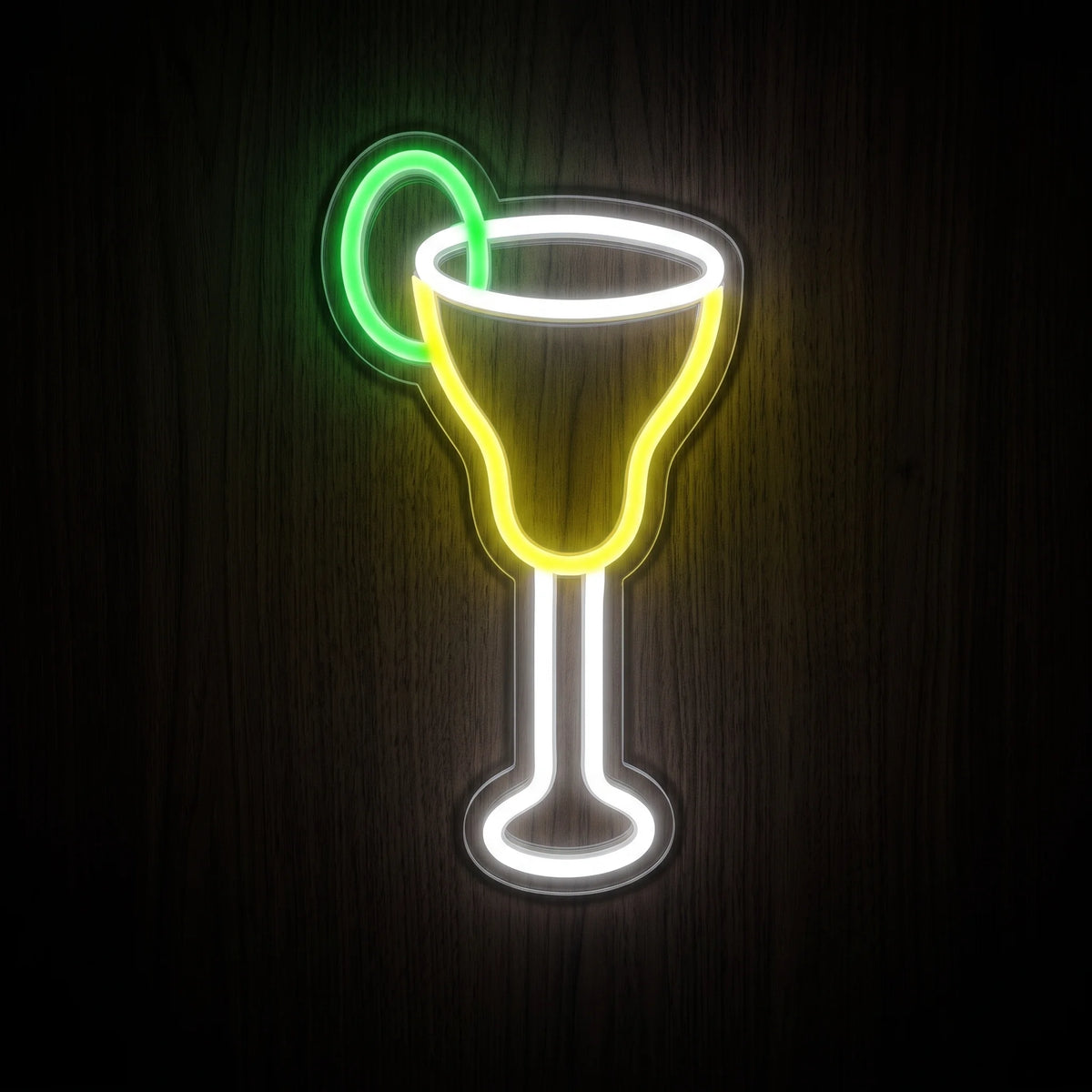 Martini Glass LED Neon Sign featuring a white and yellow cocktail glass outline with a bright green garnish on clear acrylic backing.