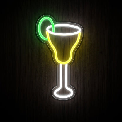 Martini Glass LED Neon Sign featuring a white and yellow cocktail glass outline with a bright green garnish on clear acrylic backing.