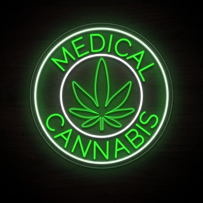 Medical Cannabis Badge LED neon sign featuring a green cannabis leaf inside a white circular badge with Medical Cannabis lettering on a clear acrylic backboard.