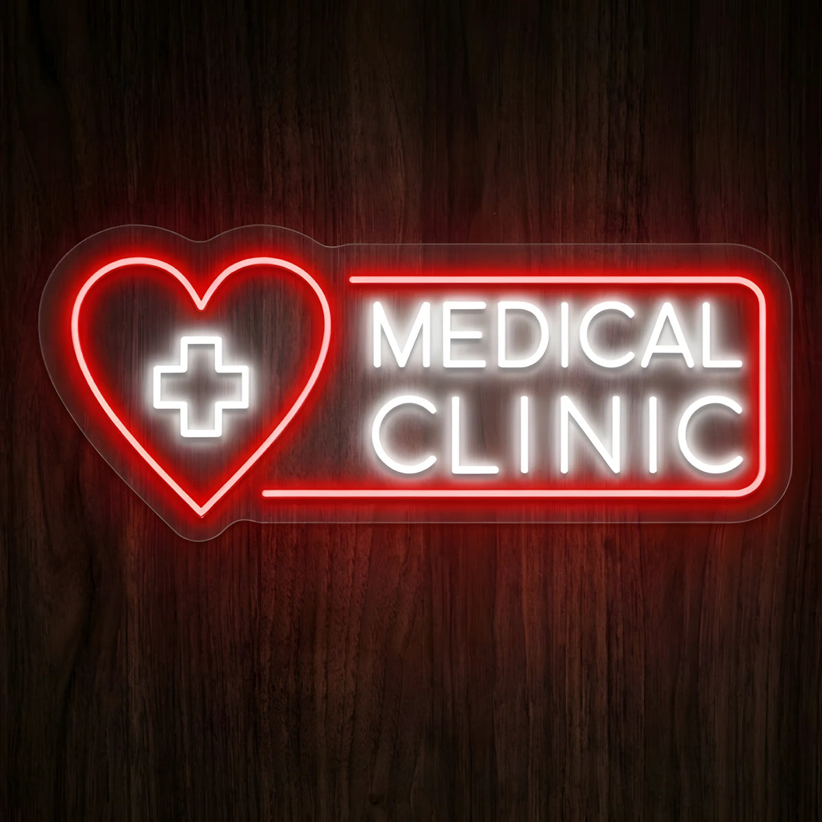 Medical Clinic Heart Emblem LED Neon Sign featuring a glowing red heart with a white medical cross and white MEDICAL CLINIC lettering framed in red on clear acrylic backing against a dark wooden wall.