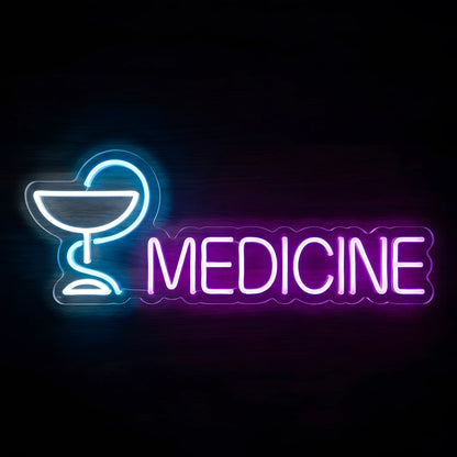 Medicine Pharmacy Bowl LED Neon Sign featuring a glowing blue and white pharmacy bowl and snake symbol beside purple MEDICINE lettering on clear acrylic backing against a dark wooden wall.
