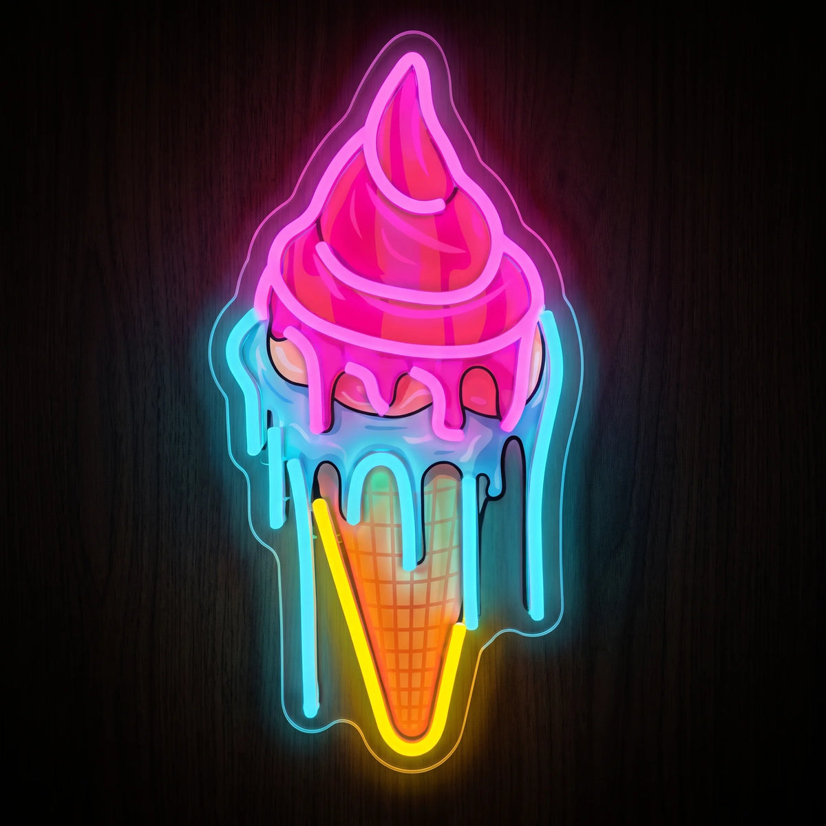 Melting Ice Cream LED Neon Sign with pink ice cream, blue dripping details and yellow illuminated cone on clear acrylic backing.