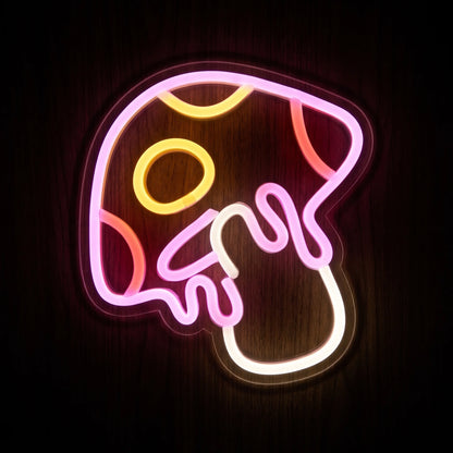 Melting mushroom LED neon sign with pink, yellow, orange and warm white illumination on clear acrylic backing.