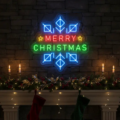 Photo of the 'Merry Christmas in a Snowflake' neon sign glowing in Multicolor against a styled interior wall.