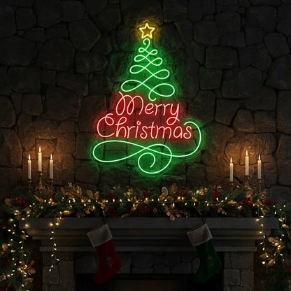 Photo of the 'Merry Christmas in Pine Tree' neon sign glowing in multicolor against a styled interior wall.