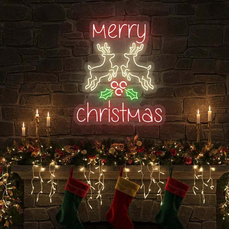 Photo of the 'Merry Christmas Reindeer' neon sign glowing against a styled interior wall.
