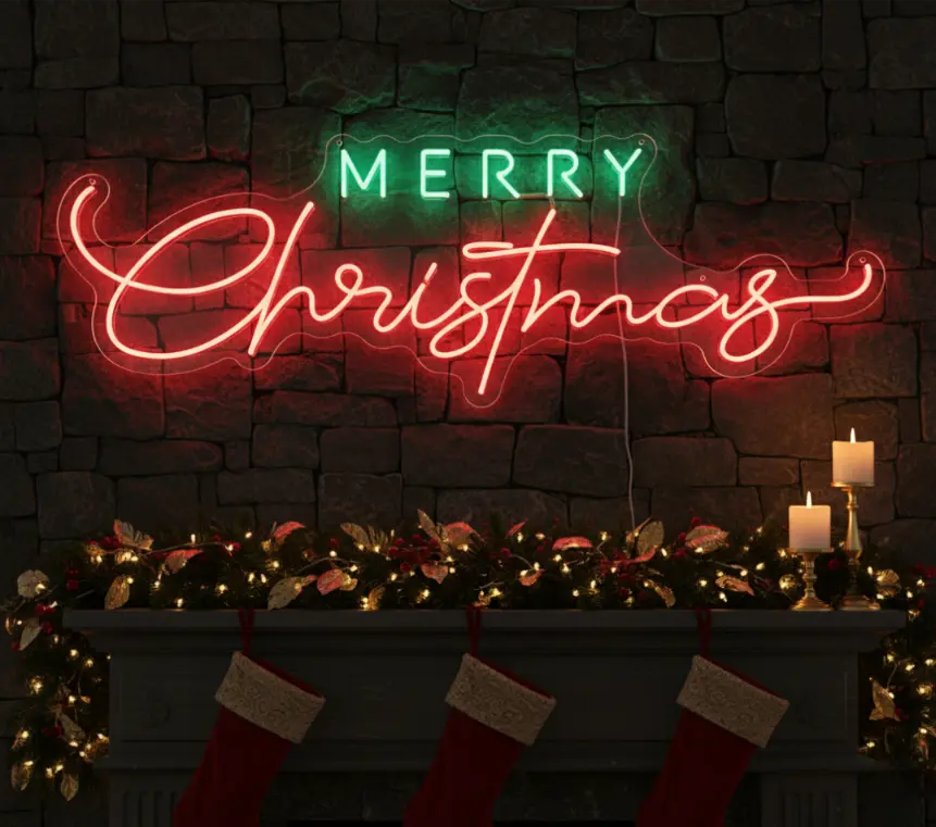 Photo of the 'Merry Christmas V1' neon sign glowing against a styled interior wall.