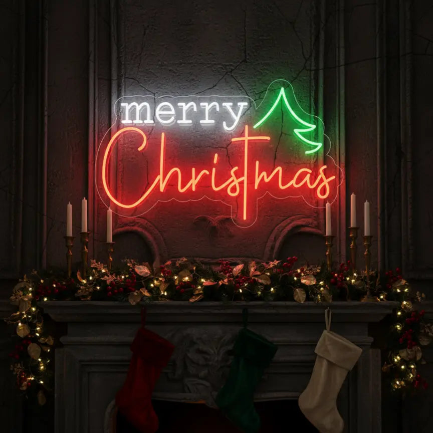 Photo of the 'Merry Christmas V10' neon sign glowing in multicolor against a styled interior wall.