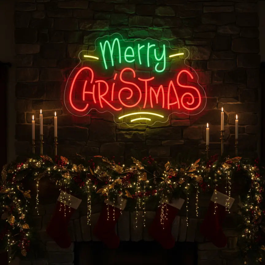 Photo of the 'Merry Christmas V11' neon sign glowing in multicolor against a styled interior wall.