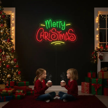 Photo of the 'Merry Christmas V11' neon sign glowing in multicolor against a styled interior wall.