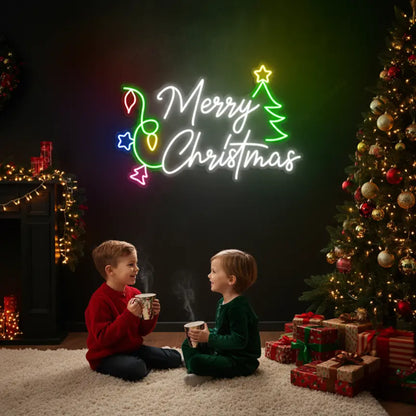 Photo of the 'Merry Christmas V12' neon sign glowing in multicolor against a styled interior wall.