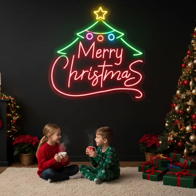 Photo of the 'Merry Christmas V4' neon sign glowing in multicolor against a styled interior wall.