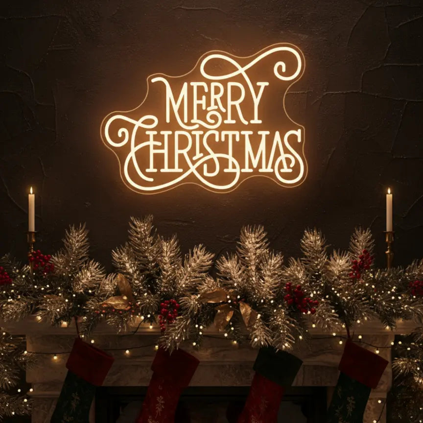 Photo of the 'Merry Christmas V5' neon sign glowing in warm white against a styled interior wall.