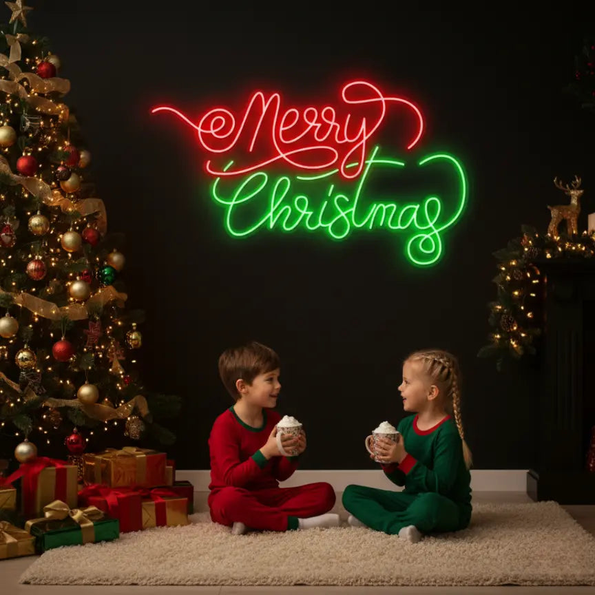 Photo of the 'Merry Christmas V6' neon sign glowing in multicolor against a styled interior wall.