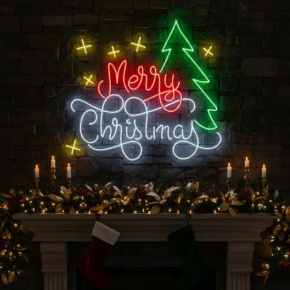 Photo of the 'Merry Christmas V7' neon sign glowing in multicolor against a styled interior wall.