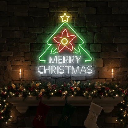 Photo of the 'Merry Christmas with Flower Tree' neon sign glowing against a styled interior wall.