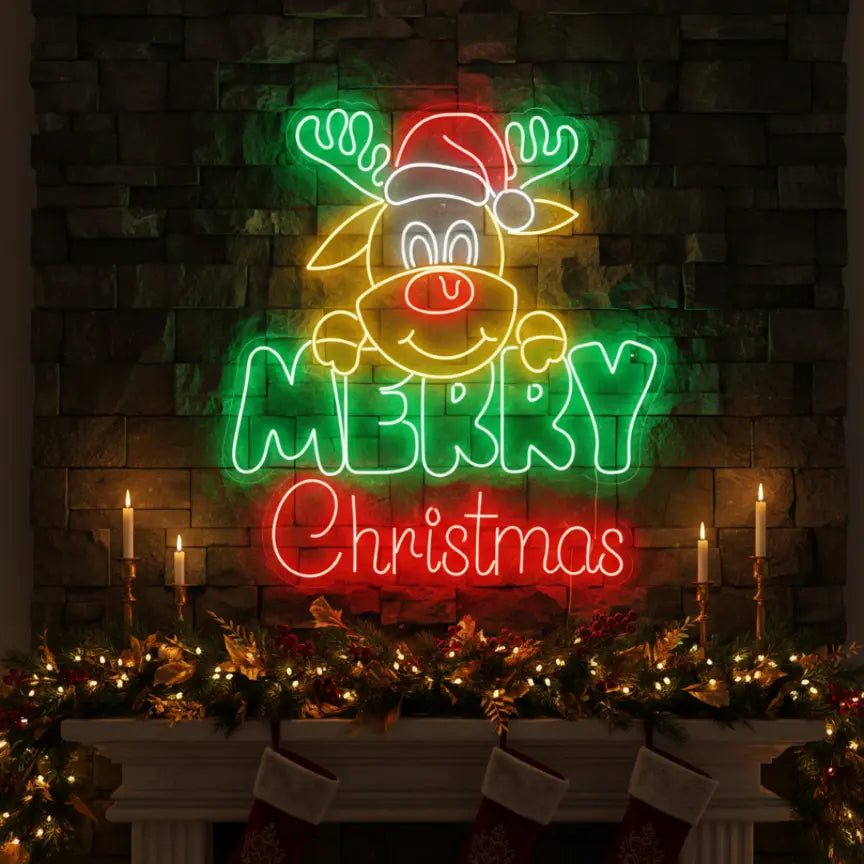 Photo of the 'Merry Christmas with Rudolph the Reindeer' neon sign glowing against a styled interior wall.