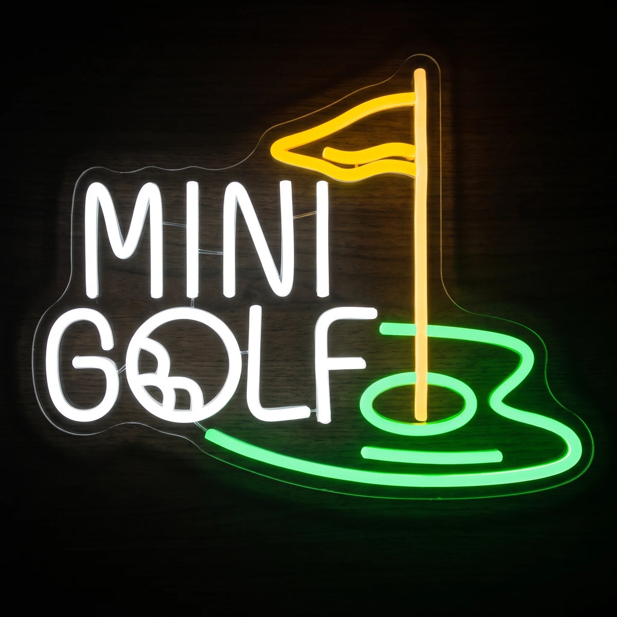 Mini Golf LED neon sign with golf flag, putting green and ball in white, yellow and green neon.