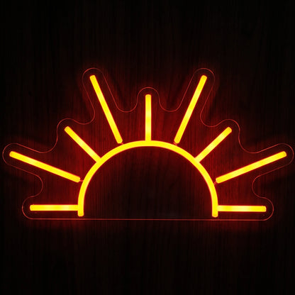 Minimal sunrise LED neon sign with bright orange-yellow illumination on clear acrylic backing.