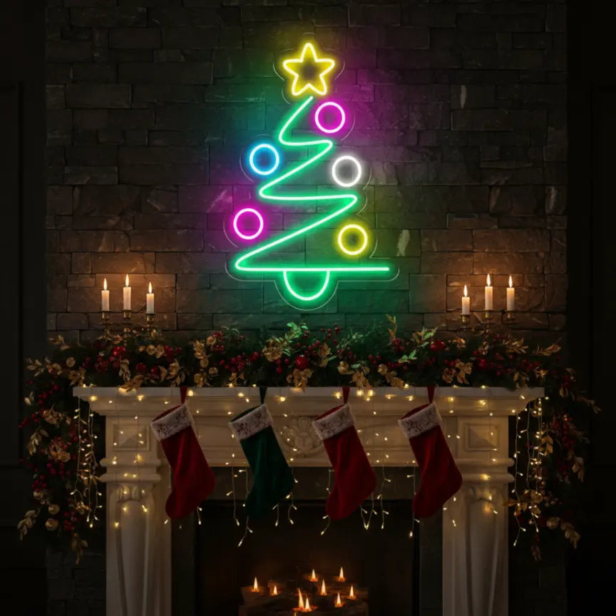 Photo of the 'Modern Christmas Tree' neon sign glowing in multicolor against a styled interior wall.