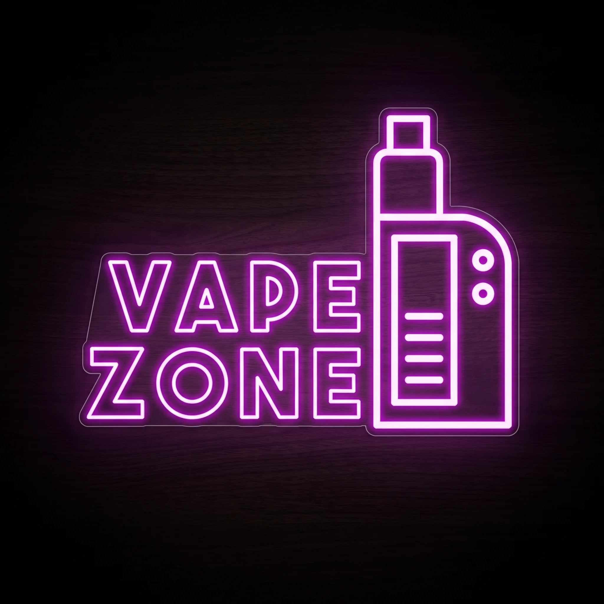 Modern Vape Zone LED neon sign featuring bold purple lettering with a vape device icon on a clear acrylic backing.